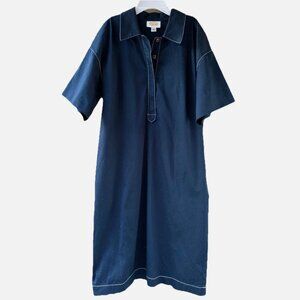 Talbots Shirt Dress Midi Navy Blue White Stitched Cotton Short Sleeve Sz 12
